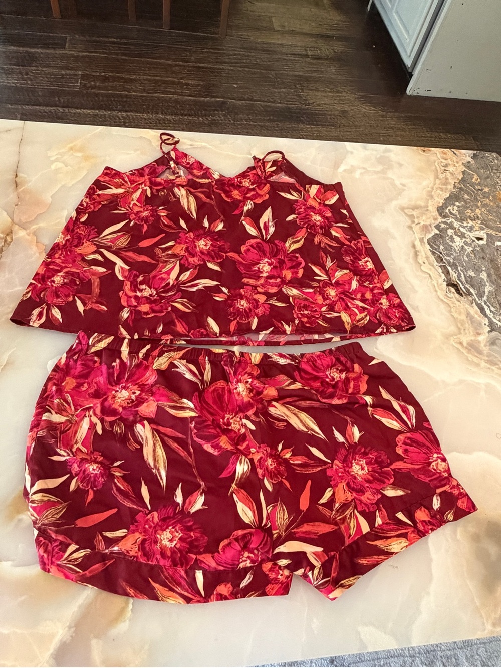 stars above Red Floral Satin Cami & Shorts Pajama Set